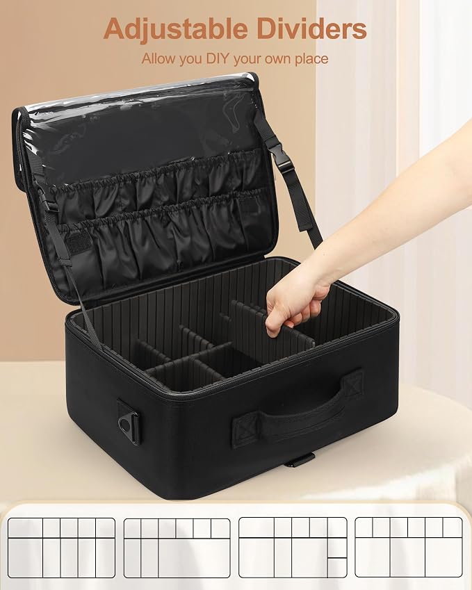 Relavel Large Makeup Bag with 3 Removable Pouches, Travel Train Case Cosmetic Organizer Carrying Box for Makeup Artists Hairstylist with Adjustable Dividers, Brush Holder and Shoulder Strap, Black - Image 3