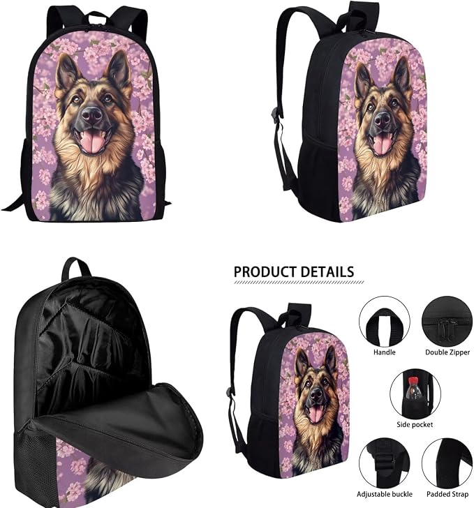 German Shepherd Backpack for School Girls 3rd Grade Preppy Dog Kids Bookbag with Lunch Box Set Cherry Blossom Elementary Back Pack Book Bags Lunchbox Water Bottle Holder Pencil Case 6-8/8-10 - Image 2