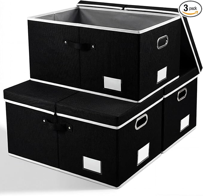 PRANDOM Storage Boxes with Lids [3-Pack] Fabric Collapsible Storage Bins Organizer Containers Baskets Cube with Cover for Home Bedroom Closet Office Nursery Black（23.4X15.9X11.5 by Prandom