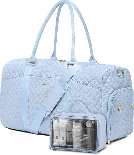 Women Weekender Travel Duffle Bag: Travel Duffel Overnight Bags with Shoe Compartment Large Carry on Tote with Toiletry Bag Weekend Traveling Yoga Gym Hospital Bag for Women with Wet Pocket Light Blue by FOCDOD
