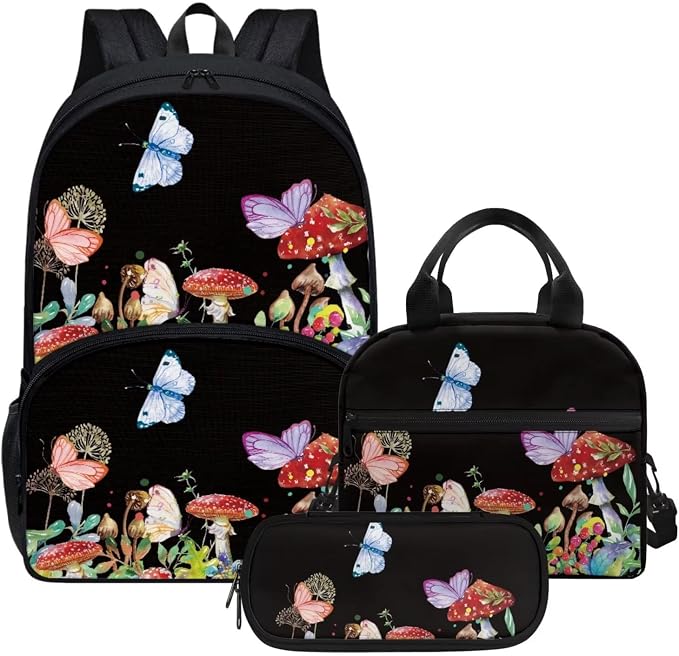 Retro Butterfly Mushroom Backpack Set for Girls Kids Lightweight Cute School Backpack with Lunch Box Pencil Case Adjustable Strap Padded Book Bag Insulated Lunch Bag by Parprinty