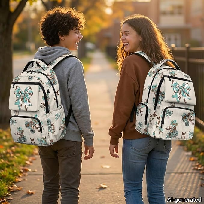 Cow Print Bow 4Pcs Kids Backpack Set, 17 Inch School Bag | Lunch Bag, Water Bottle Holder, Lightweight Durable 600D Material, Multi Pockets, for Boys Girls Elementary Middle School - Image 2