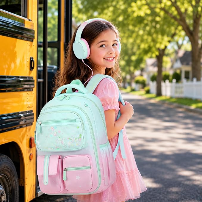 ACESAK Kids Backpack for Girls, Mermaid Backpack Set with Over-ear headphones, Lunch Bag Set for School, Girls Backpack for Elementary Middle school Teen Student(Pink Green) - Image 4
