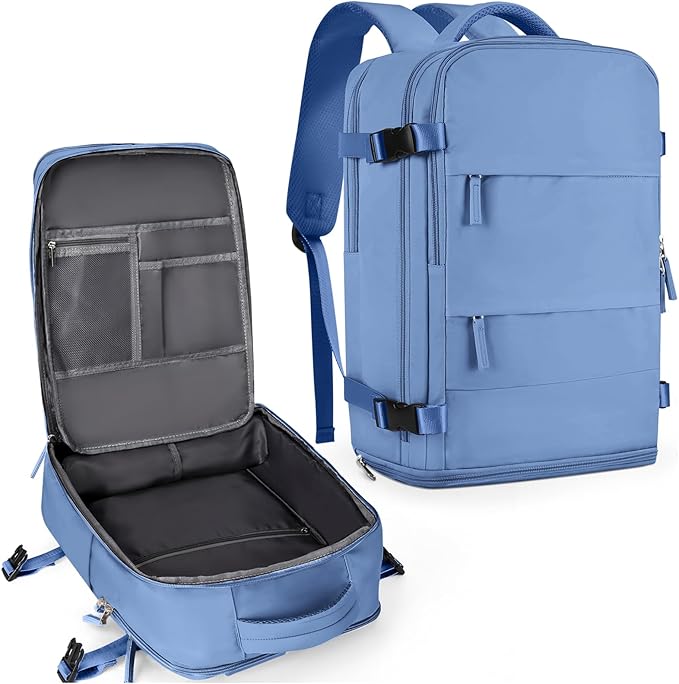 coowoz Large Travel Backpack For Women Men,Carry On Backpack Flight Approved,Hiking Backpack Outdoor Rucksack Casual Daypack Fit 15.6 Inch Laptop Shoes Compartment (Sky Blue L) by coowoz