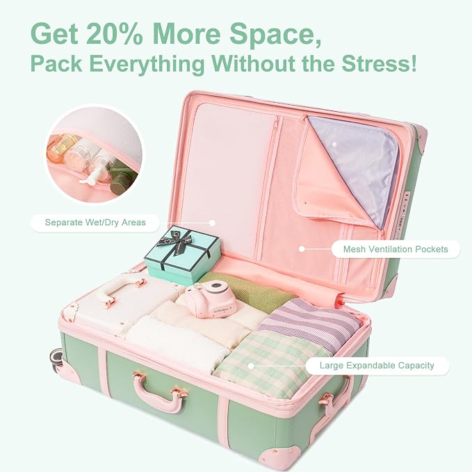 NZBZ Vintage Luggage Sets for Women Retro Suitcase Cute Vintage Expandable Luggage of 2 (Green with Pink, 14inch & 20inch) - Image 5