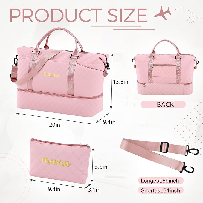 Dansydaisy Mama Hospital Bag for Women Labor Delivery Travel Duffle Bag with Shoe Compartment and Toiletry Pouch Waterproof Letter Embroidered for Pregnancy Weekender Overnight Gym Gift, Pink - Image 2