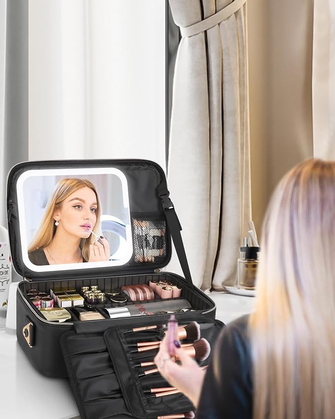 Chomeiu Makeup Bag with LED Mirror, Large Travel Cosmetic Train Case for Women, Makeup Artists Large Organizer Box with Vanity Light Up Mirror, 3 Color Lights, Adjustable Dividers (Black) - Image 7