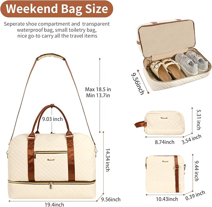 Wogarl 3PCS Weekender Bags for Women Large Overnight Bag Weekend Travel Duffel Bag Carry on Shoulder with Shoe Compartment Canvas Toiletry Bag for Travel Business Gym,Beige - Image 3