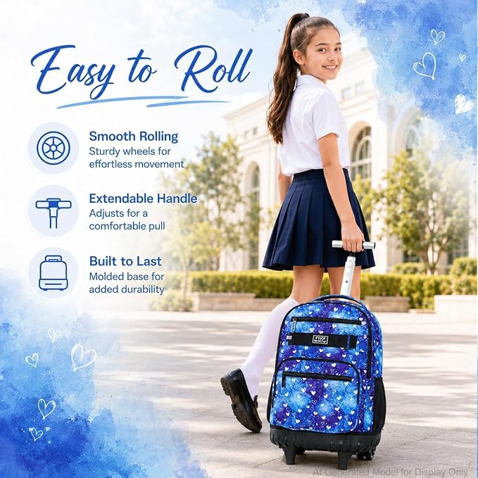 3Pcs Rolling Backpack for Girls, 19 Inche Women Roller Bag with Wheels for Adults, Wheeled Bookbag with Lunch Box(Blue) - Image 2
