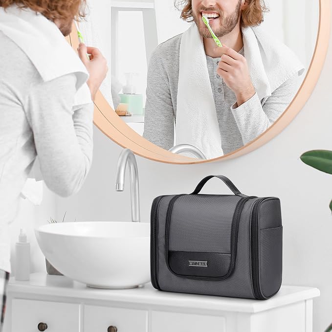 WITZMAN Toiletry Bag for Men Nylon Hanging Water-resistant Shaving Dopp Kit | With Dry-wet Separation Pocket, Multi-pockets for Organized Storage, Lightweight, For Travel, Bathroom, B690 Silvery Grey - Image 3
