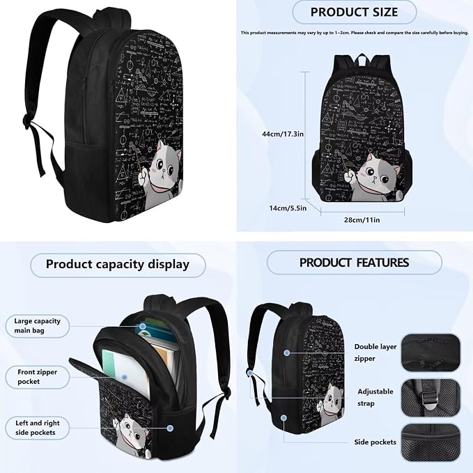 Cat Backpack for School Girls Backpack with Lunch Box Water Bottle Carrier with Strap and Kawaii Pencil Case 4 in 1 Cute Bookbag with Compartments 17 inch Large Elementary School Bag for Kids - Image 4