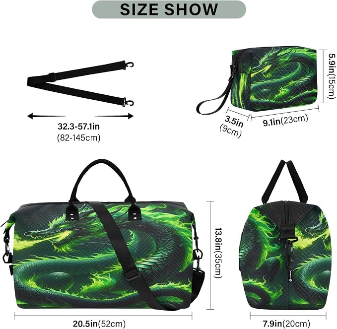 Green Fire Dragon Travel Duffle Bag Gym Yoga Carry on Bags for Men Women Weekender Bag - Image 3