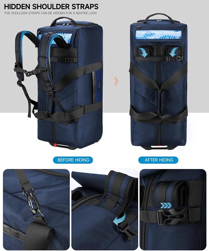 Foldable 90L Rolling Duffle Bag with Wheels | Large Travel Duffle Backpack with Shoes Compartment Waterproof Bag for Women, Men, Hospital, Weekend & Overnight Trips, Moving | Includes 3 Packing Cubes - Image 7