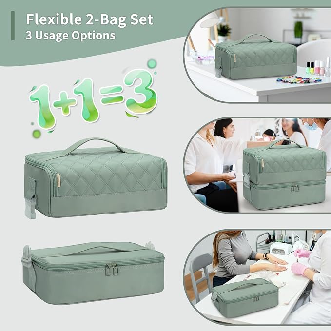 OCHEAL Nail Polish Organizer, Holds Nail Lamp and 45+ Bottles,3 Usage Modes Detachable Nail Storage Bag Travel Nail Tech Case Holds Nail Kit Stuff Manicure Tools -Green - Image 2