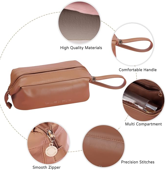 CORIOS Toiletry Bag For Women Portable Make Up Bag Waterproof Wash Bag PU Leather Cosmetic Bag Bathroom Shower Bag Multifunctional Travel Organizer For Shampoo, Cosmetics, Toiletries Pink C - Image 4