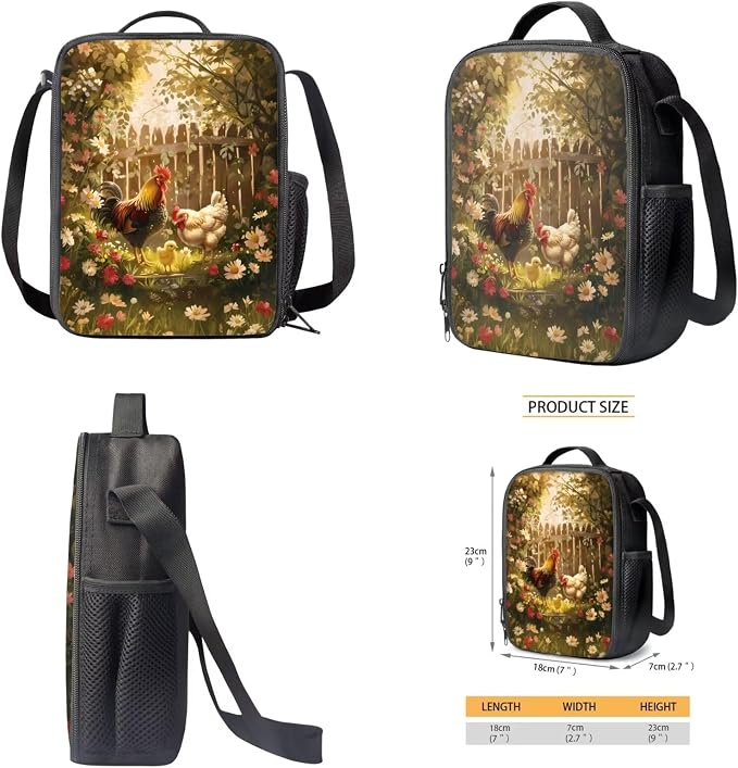 Retro Daisy Rooster Print Backpack Set for Student Schoolbag Lightweight Bookbag Lunch Box Pencil Case 17 Inch Travel Laptop Backpacks Large Capacity Rucksack Daypack - Image 4