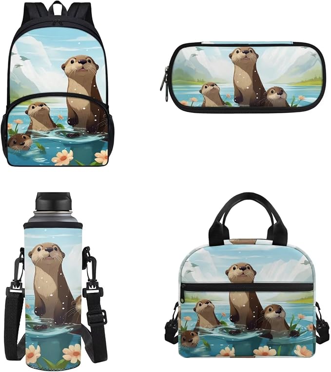 Cartoon Otter School Backpack Set 4 Pcs Girl's Schoolbag Sets Big Capacity Bookbag with Lunch Box Pencil Case Water Carrier Pouch for Primary,Secondary School,Back to School Gift by Chririnla