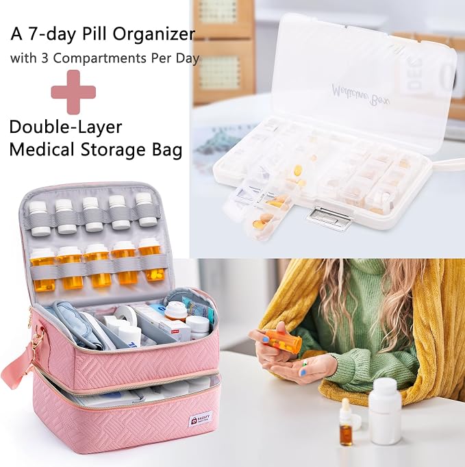 BAGSFY Travel Medicine Bag Organizer with Weekly Pill Organizer 3 Times A Day, 7-Day Pill Box AM & PM Pill Organizer, Medication Organizer Storage, First Aid Bag, Pill Bottle Organizer with Pill Case - Image 7
