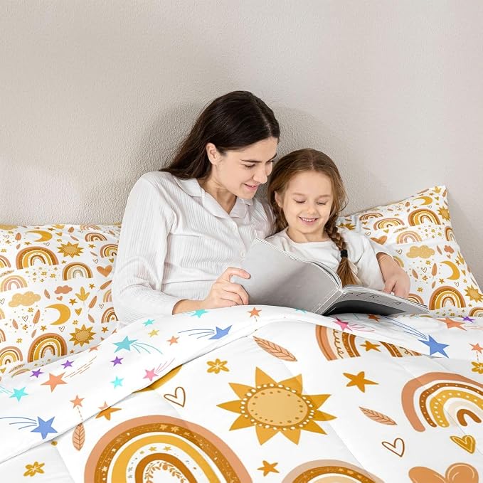 Rainbow Comforter Set, Sun Moon And Stars Duvet Insert Full Size For Kids Girls Boys Teens Bedroom Decor, Bohemian Dream Catcher Feather Down Comforter Iridescent Branches Cartoon Quilt, Gold Yellow - Image 5