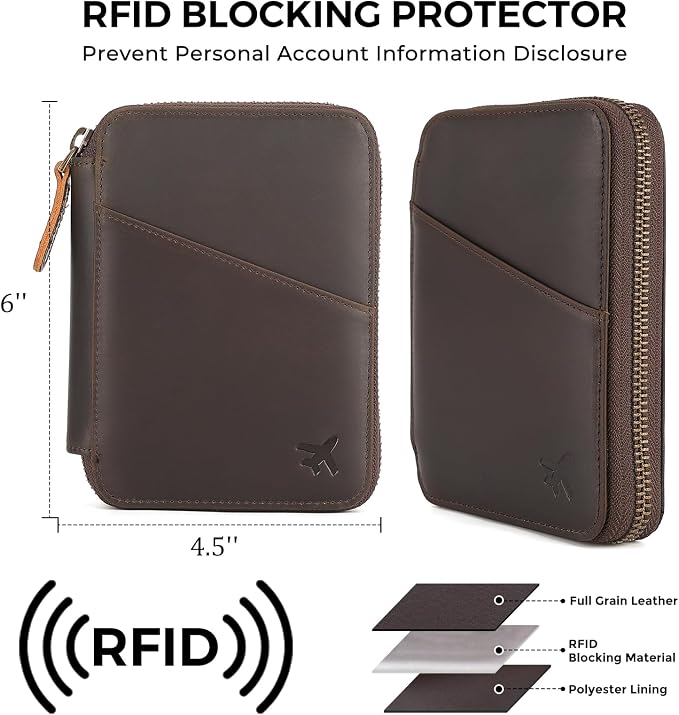 Polare Leather Pilot Wallet Passport Holder RFID Blocking Tri-fold Travel Cover Document Organizer for Aviation Professionals (Dark Brown(YKK Zipper Version)) - Image 4