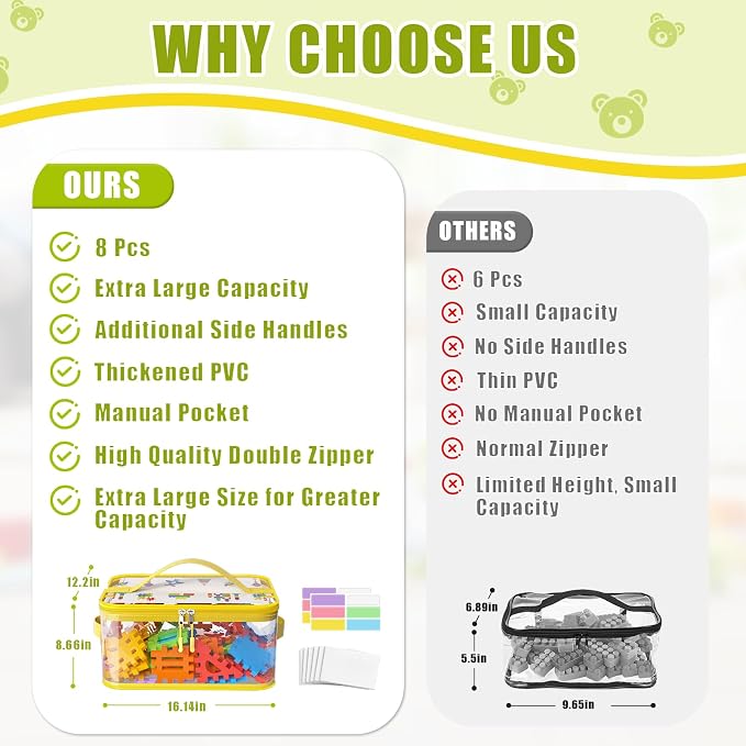 8 Pcs Large Clear Toy Storage Bags with Labels, Handles, Zippers XXL | Large Capacity, Transparent PVC, Waterproof Dustproof, Space-saving, Portability for Building Blocks, Puzzle, Dolls, Travel - Image 2