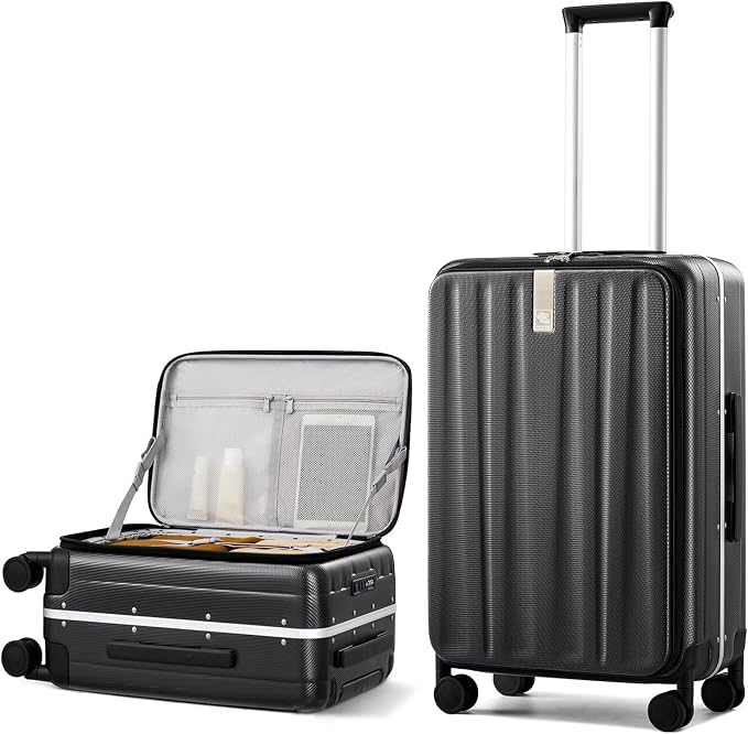 Hanke 24 Inch Checked Luggage PC Hard Shell Suitcases for Travel Front Opening Aluminum Frame Travel Luggage Rolling Suitcase with Wheels.(Jet Black) by Hanke