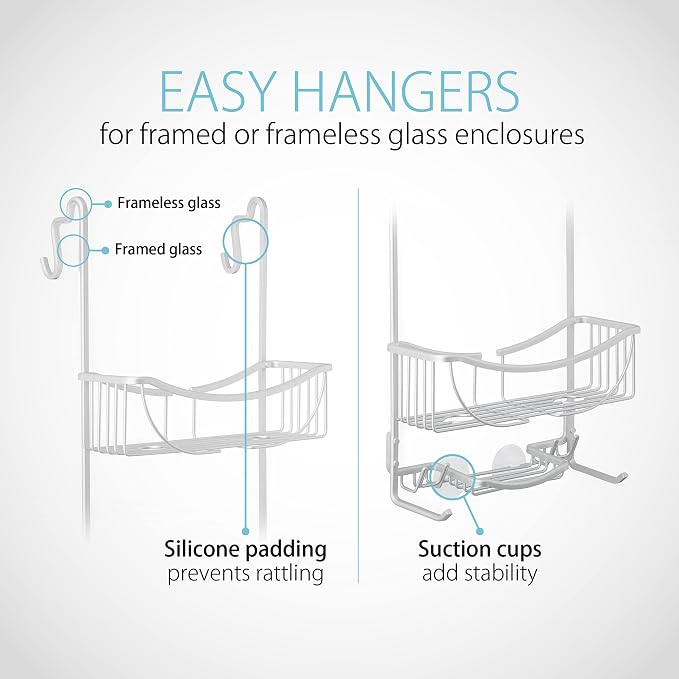 Better Living Products 13634 VENUS 3-Tier Over the Shower Door Caddy, Grey | Rustproof Aluminum Shower Door Organizer, 2 Large Baskets, Built-in Storage Hooks & Soap Dish, Suction Cups, No Drill - Image 5