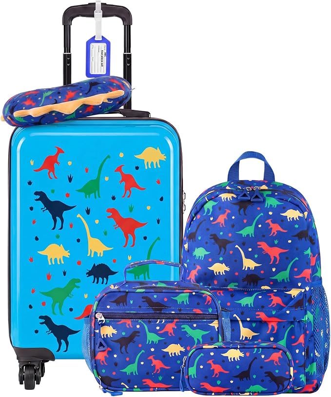 Redbaker 6 Pcs Kids Luggage Set, 17 Inch Rolling Suitcase with Backpack Lunch Bag Neck Pillow, Blue Dinosaur Travel Set for Summer Vacation Sleepover Back to School Gift by Redbaker