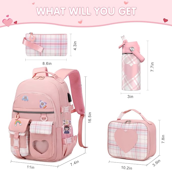 ACESAK Backpack for Girls with Insulated Water Bottle, Bookbag Backpack for Girls Kids, 14oz Kids Water Bottle Stainless Steel, Lunch Bag & Pencial Case, Back To School Gift (Pink) - Image 2