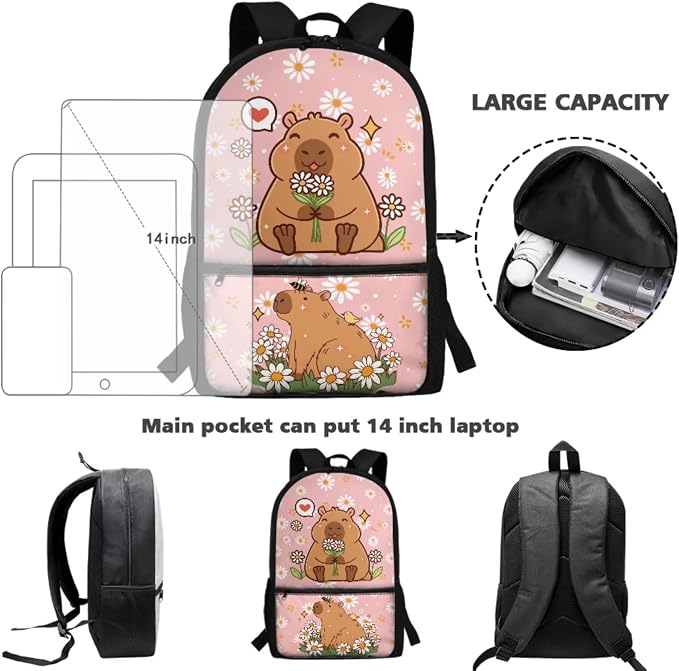 Capybara Backpack for Girls Elementary School Bag 5 in 1 Bookbag Set with Lunch Box Pencil Case Water Bottle Sleeve Bookmark for Teen Boys School Bookbag Camping,Daisy - Image 4