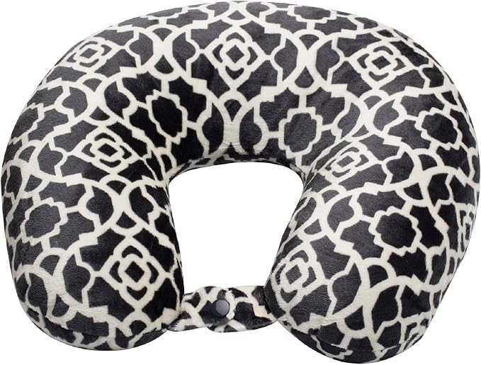 Wolf Essentials Adult Cozy Soft Microfiber Neck Pillow for Travel – Compact, Machine Washable - Perfect for Airplane, Car, or Home Use - Filled and Finished in the USA – Charcoal Trellis by WorldsBest