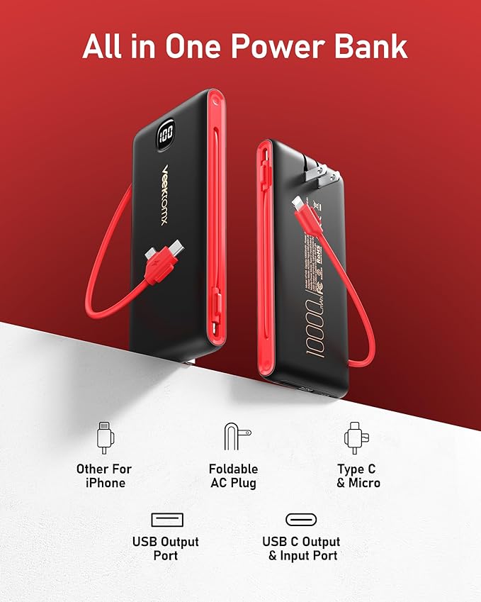VEEKTOMX Portable Charger with Built in Cables 10000mAh, Power Bank for iPhone with AC Wall Plug, Fast Charging USB C Slim Battery Pack with LED Display Compatible with iPhone 17/16/15/14, Samsung