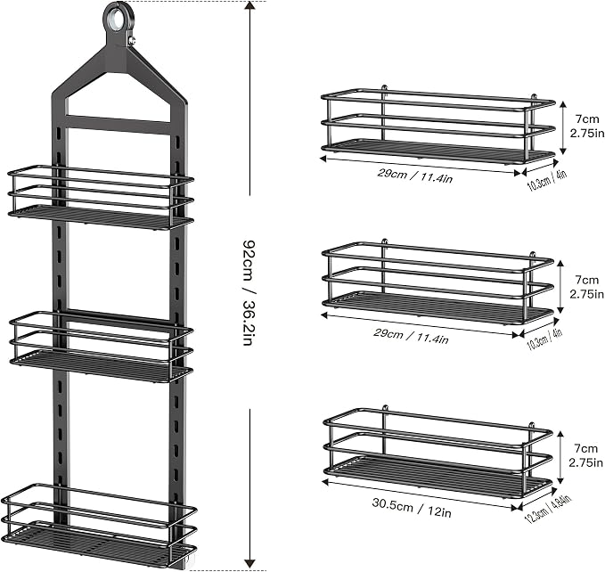 Orimade Adjustable Anti-slip Shower Caddy over Head, Rustproof Bathroom Hanging Organizer with 2 Hooks for Razor, No Drilling Shower Shelves Storage Rack 3 Tier, Black - Image 8