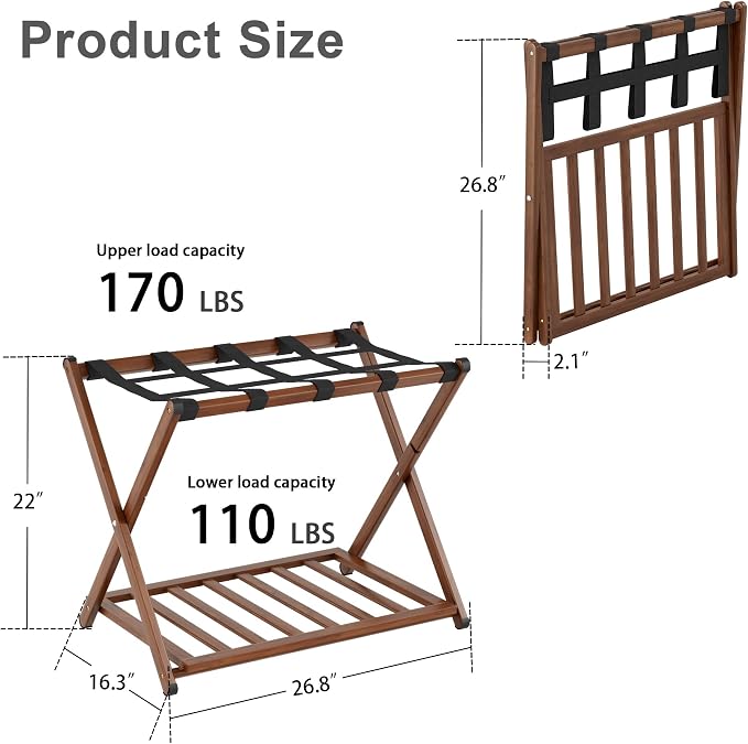Fully Assembled Luggage Rack for Guest Room, Bamboo Suitcase Stand with Foldable Storage Shelf, Crossed Nylon Straps Folding Luggage Holder for Bedroom and Hotel, Walnut - Image 2
