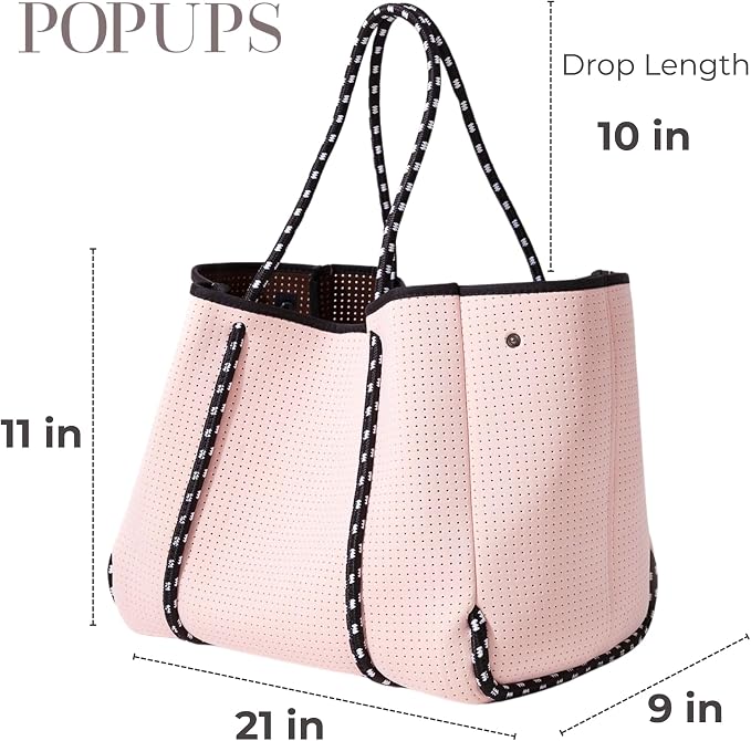POPUPS Large Neoprene Tote Bag for Women – Stylish Work, Beach, Travel Bag with Pockets, Rope Handles with Zipper Pouch (Pretty Pink II) - Image 3