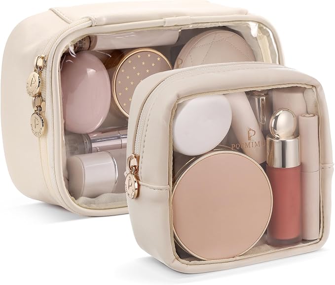 Pocmimut Mini Makeup Bag with Small Cosmetic Bag Travel Essentials Organizers,TSA Approved Toiletry Bag Makeup Pouch Clear Cosmetic Bags for Women,Beige by Pocmimut