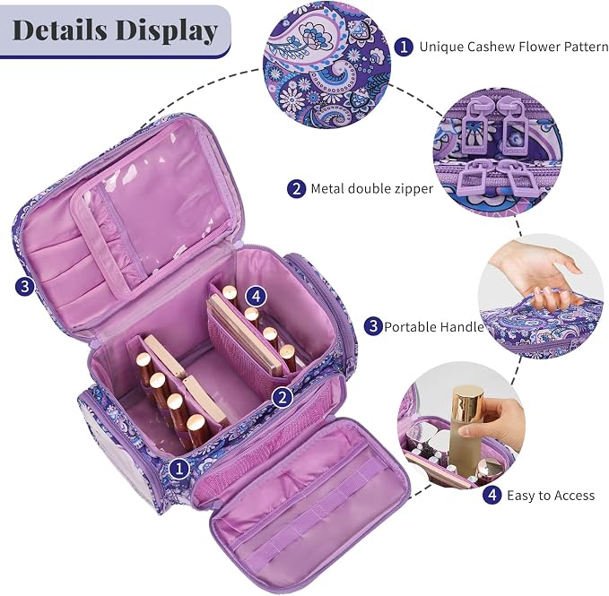 Bagmoly Large Makeup Bag, Portable Travel Makeup Bag Organizer for Women Girls with Makeup Brush Compartment & Two Side Pockets, Cosmetic Travel Bag Vertical Storage Toiletry - Purple - Image 2