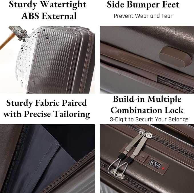 2 Pcs ABS Spinner Luggage Set - 14" Cosmetic Case & 20" Carry-On with Combination Lock, Front Opening Design, Brown - Image 2