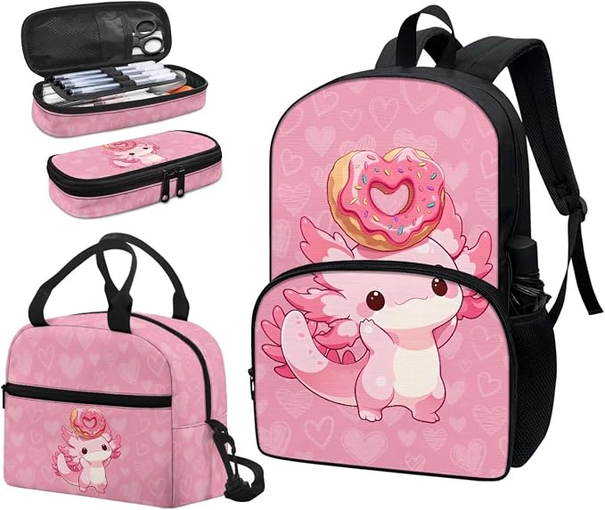 Axolotl Donuts 3Pcs Backpack Sets, Kids Bookbags Primary School Daypack Elementary Students Knapsack with Insulated Lunch Box Pencil Case for Teens - Image 6