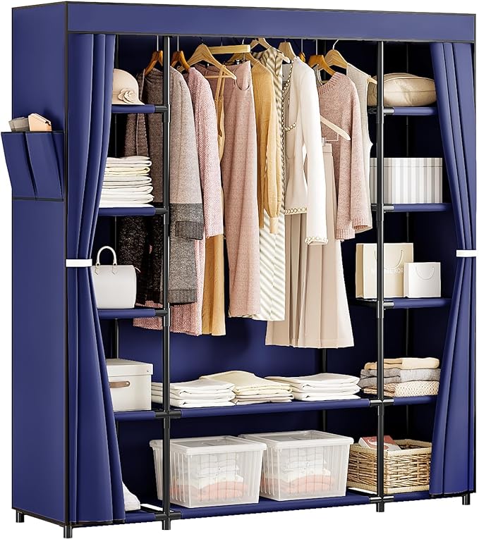 SORCEDAS Portable Closet Wardrobe Organizer Storage with Cover Non-Woben Fabric Portable Wardrobe Closet for Hanging Clothes Racks Shelving 33 Inch for Bedroom, Blue (Blue, 59Inch) by SpecialYourHome