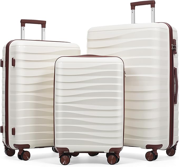 Hardshell Luggage Sets, Lightweight Wave Suitcases with Spinner Wheels, PP Ivory by Merax