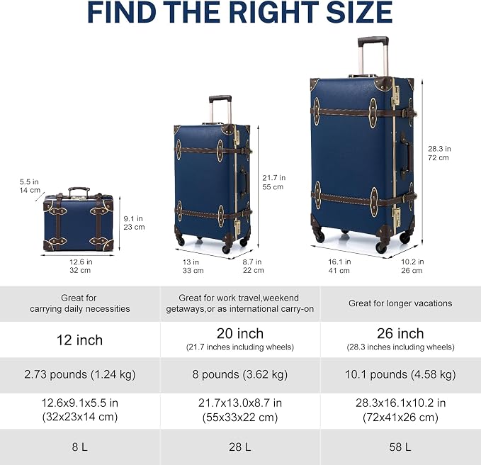 urecity 26" Vintage Luggage Set, 2 Piece Navy Blue Retro Checked Suitcase with Cosmetic Case, Luxury Vegan Leather Aluminum Frame Spinner Trunk for Women (with Protective Clear Cover) - Image 6