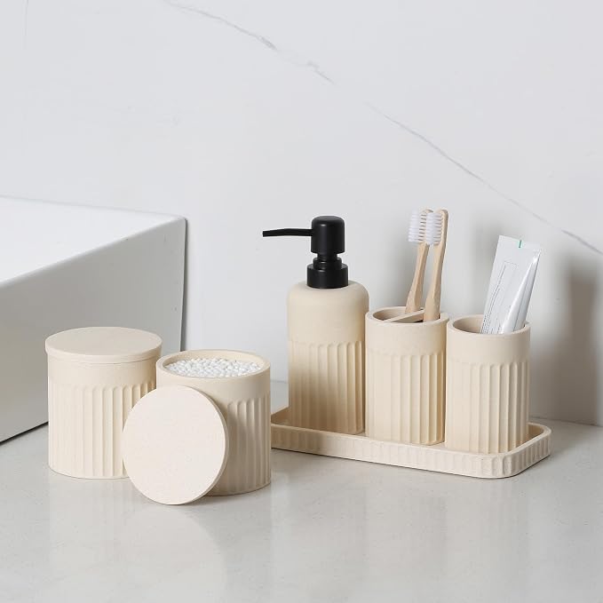 INIUNIK Bathroom Accessory Set - 6 Pieces Bathroom Accessories Set Complete with Soap Dispenser, Toothbrush Holders, Tumbler, Vanity Tray and 2 Qtip Holder for Home Organizer and Decor, Beige - Image 2