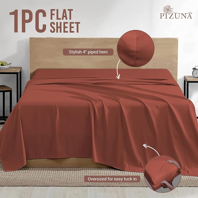Pizuna Pure 100% Cotton Flat Sheets Only Full Brick Red (1 PC), Luxurious 400 Thread Count Long Staple Cotton Sateen with 4" Hem (Combed Full Flat Sheet Only Cotton) - Image 3