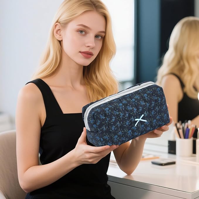 Makeup Bag Travel Toiletry Bag for Women, Small Cosmetic Bags Aesthetic Organizer Quilted Cotton Makeup Pouch&Purse Emergency Bag Floral Pencil Case Accessory Bag, Midnight Blue - Image 7