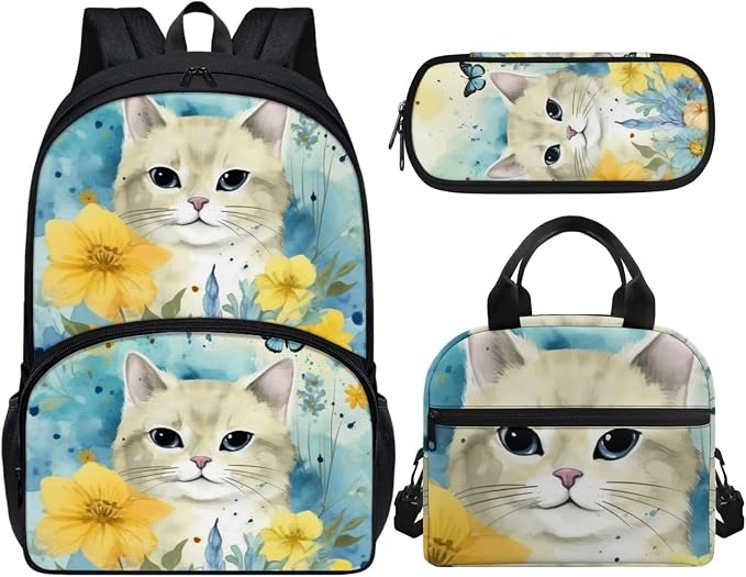 Floral Cat Print Backpack Set for Girls Kids Lightweight Cute School Backpack with Lunch Box Pencil Case Adjustable Strap Padded Book Bag Insulated Lunch Bag - Image 2