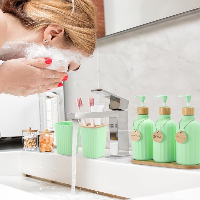 XLHOMO Green Bathroom Accessories Set 17PCS Bathroom Set with Trash Can 3PCS Lotion Soap Dispenser, Toothbrush Holder, 6PCS Wood Tags Bath Accessories with Tray for Kitchen Bathroom - Image 3