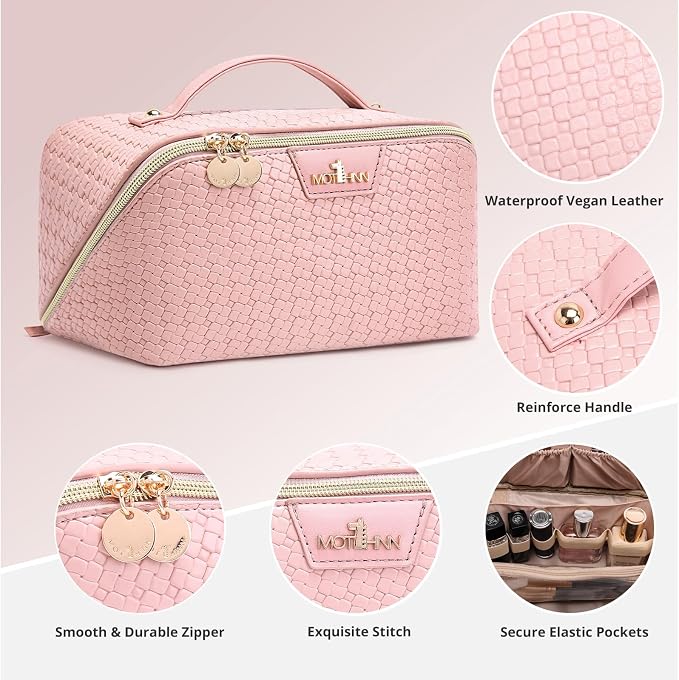 Travel Makeup Bag for Women: 3 Pcs Set Cosmetic Bags for Women - Large Capacity Vagen Leather Hand-made for Toiletry Organizer - Waterproof Ladies Travel Flat Open Essentials for Luxury (01Pink) - Image 6