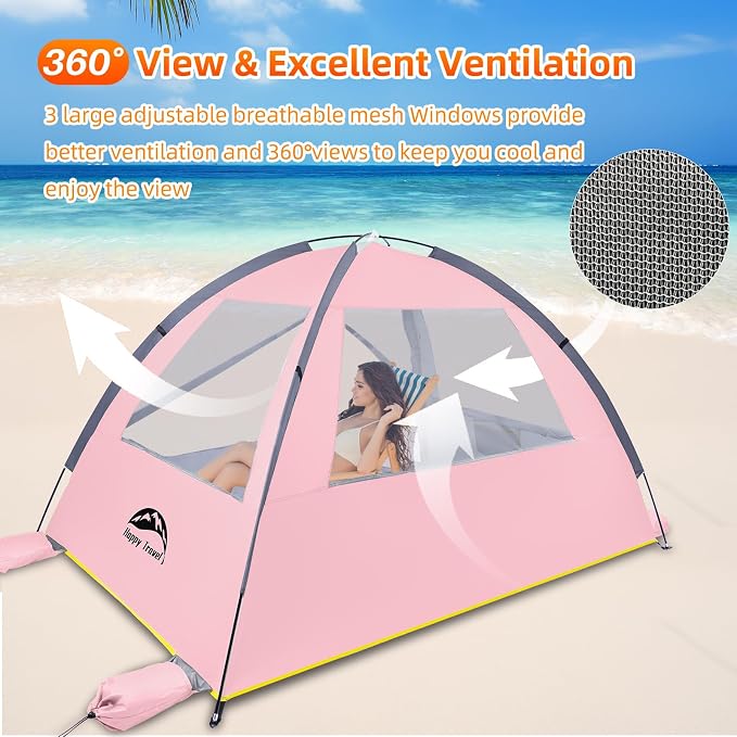 Happy Travel Beach Tent Sun Shelter for 3/4/5/6/7/8 Person, Portable UPF 50+ UV Protection Beach Shade Canopy for Family & Baby, Lightweight & Easy Setup Beach Cabana with 3 Ventilation Mesh Windows - Image 5