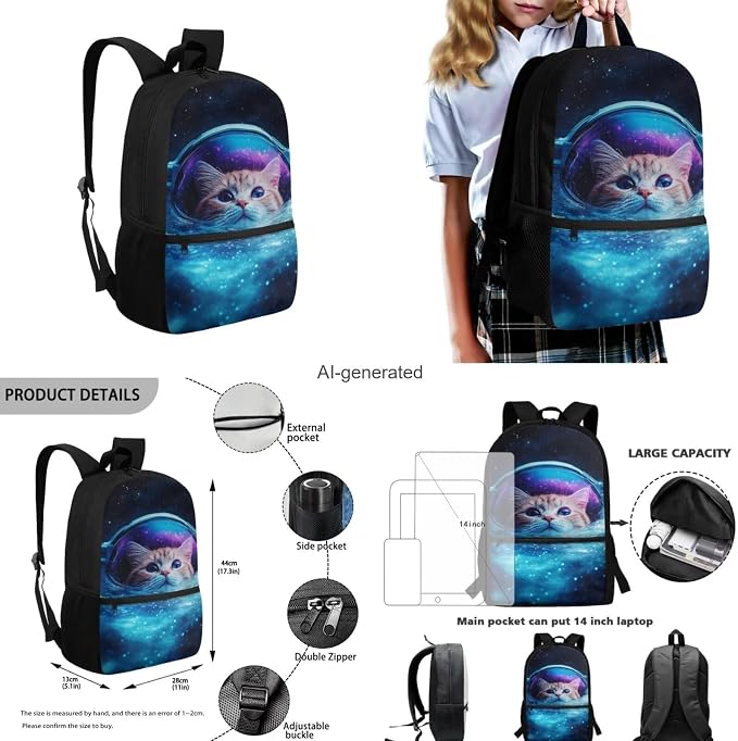 Astronaut Cat Backpack for High School Boys and Lunch Bag Multi-Functional 17-Inch Schoolbag Set Lightweight Bookbag for Boys & Girls, Perfect for Elementary & Middle School - Image 3